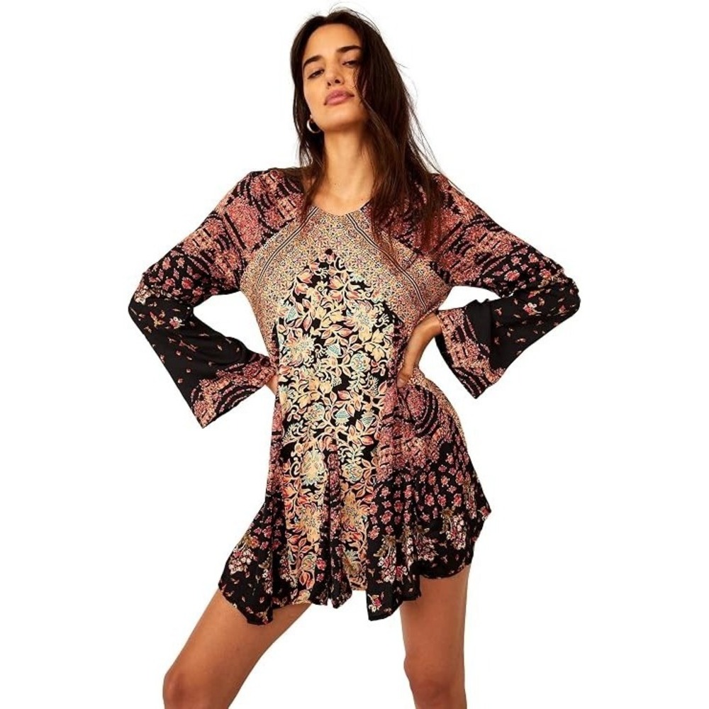 Free People Stevie Tunic Dress Womens XS Floral Bell Sleeve Boho Mini Multicolor